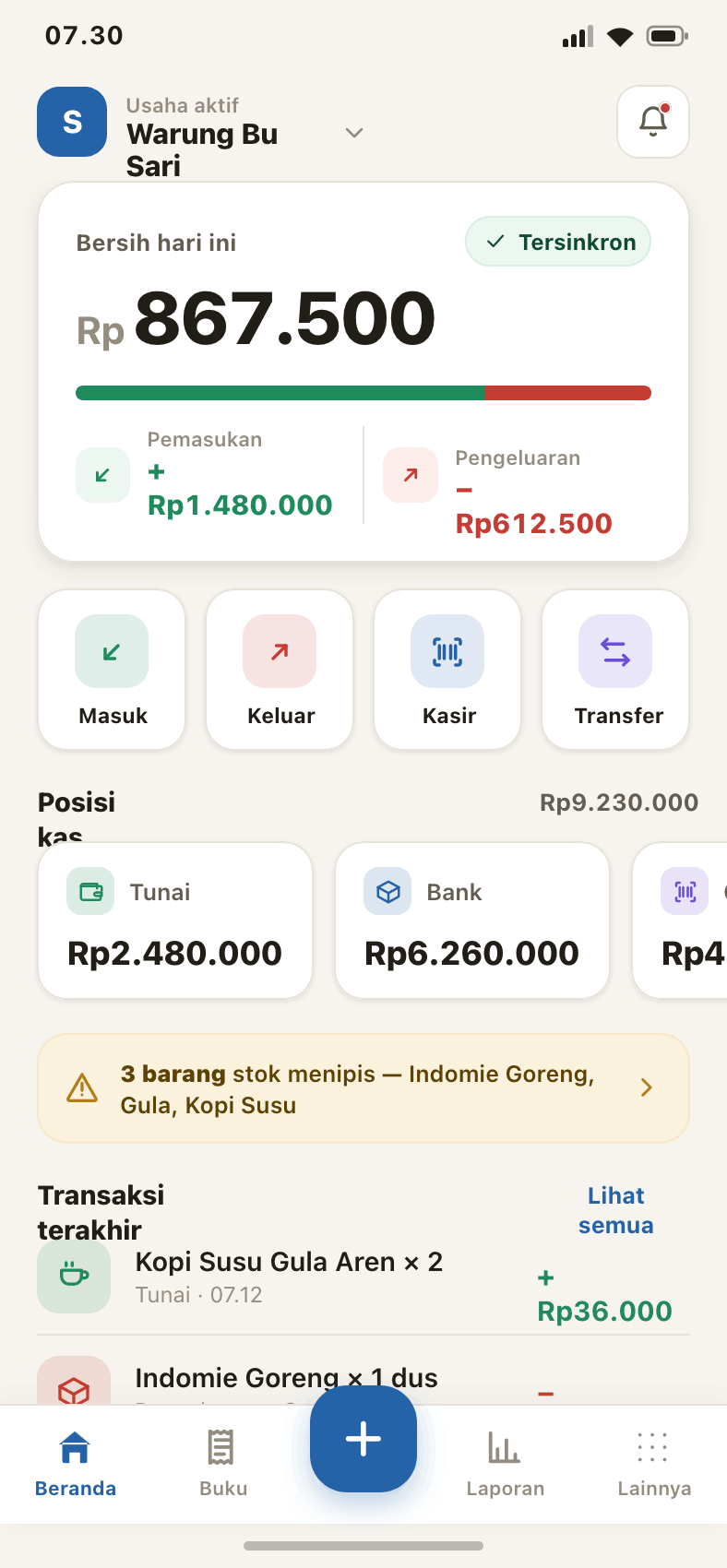 Layar beranda aplikasi Lamnota: saldo kas, pemasukan dan pengeluaran, serta transaksi terakhir